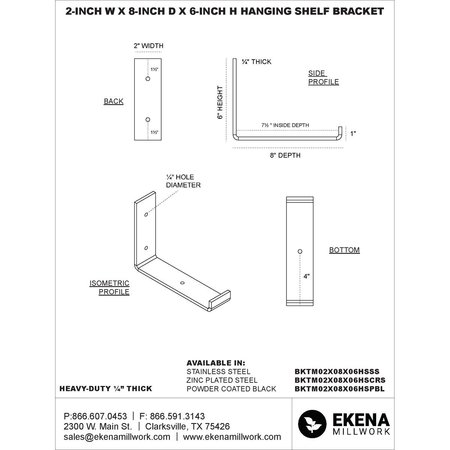 Ekena Millwork Steel Hanging Shelf Bracket, Stainless Steel 2"W x 8"D x 6"H BKTM02X08X06HSSS